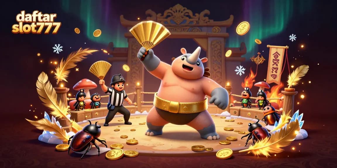 Experience excitement with daftar slot777, featuring a beetle sumo champion amidst golden coins.
