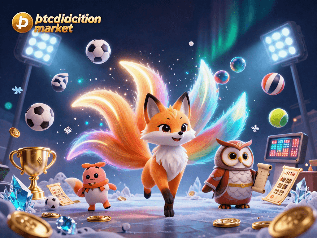 Immerse in the bitcoin prediction market with this dynamic scene featuring sports elements and a magical fox spirit.