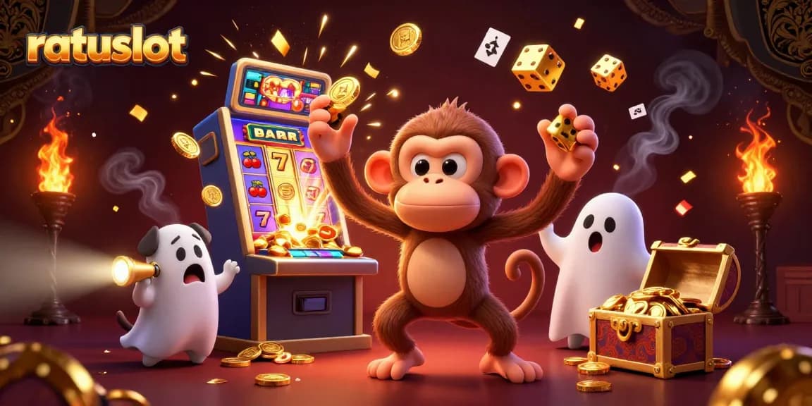 Engage with ratuslot's powerful slots as a mischievous monkey juggles golden winnings in a vibrant casino.