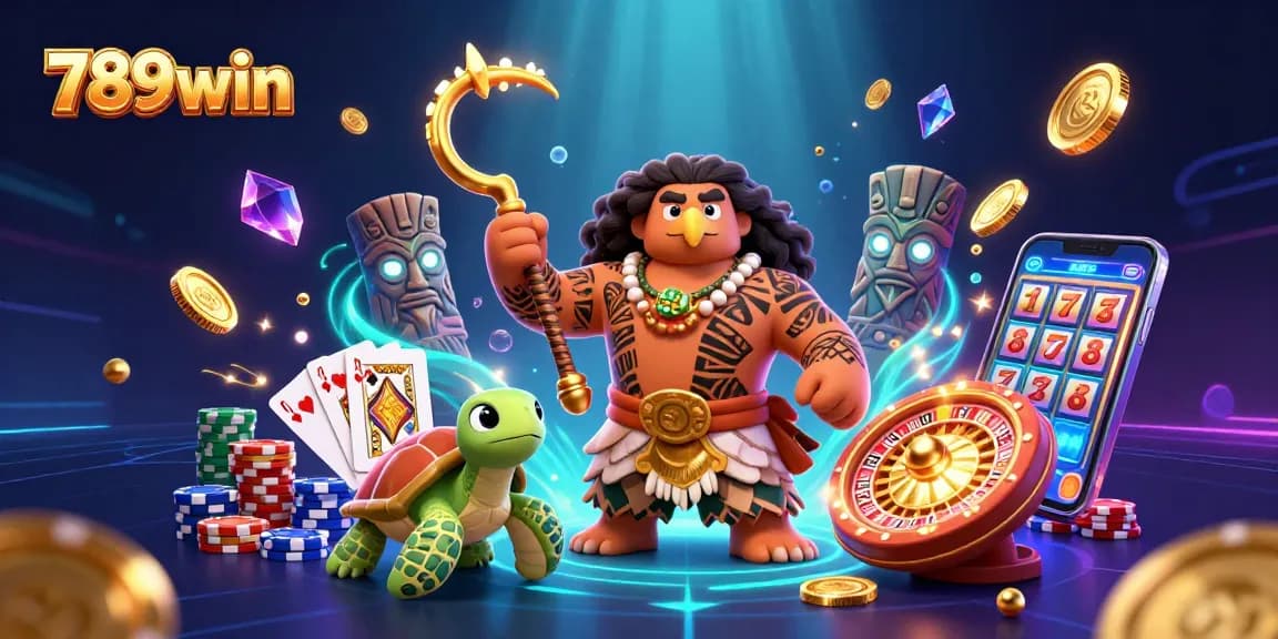 Engage with 789win's exciting casino atmosphere in a vibrant 3D illustration featuring classic game elements.