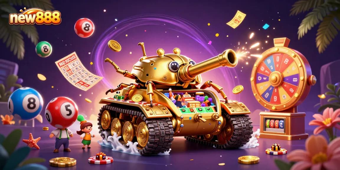 Win big with new888 in this vibrant casino-themed illustration featuring dynamic elements.