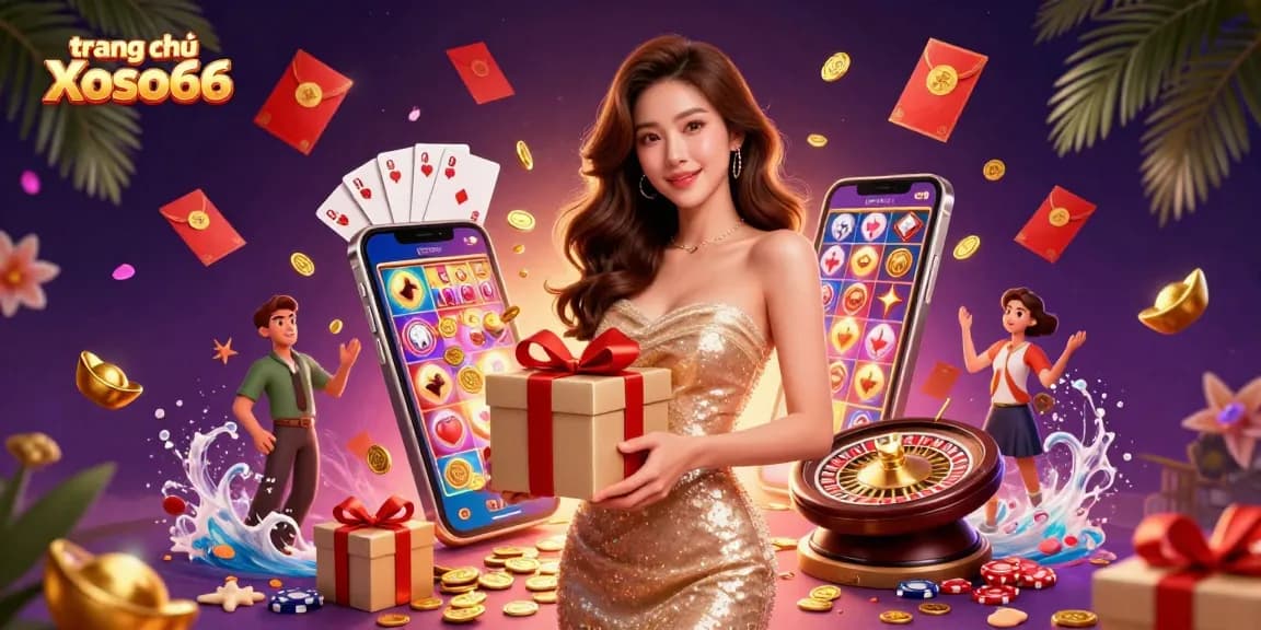 Experience the excitement of trang chủ Xoso66 with vibrant games and festive elements in a detailed 3D illustration.
