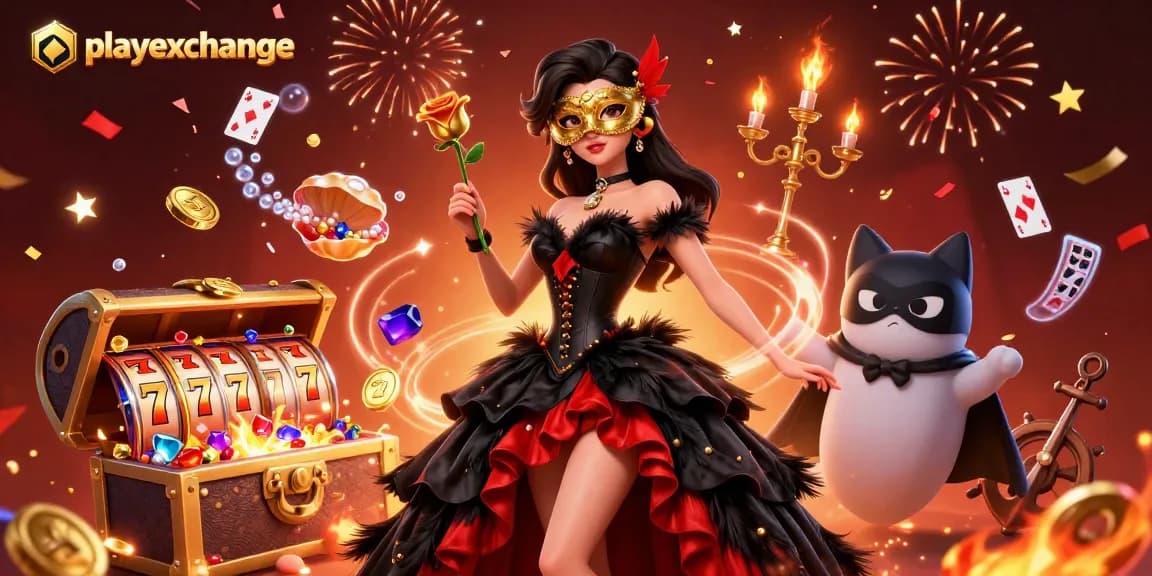 Engage with the dynamic playexchange scene showcasing vibrant slot reels and characters celebrating.