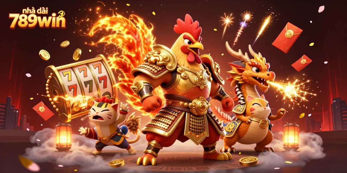 Engage with nhà cái 789win featuring a dynamic 3D illustration of a battling rooster and dragon in a lively casino scene.