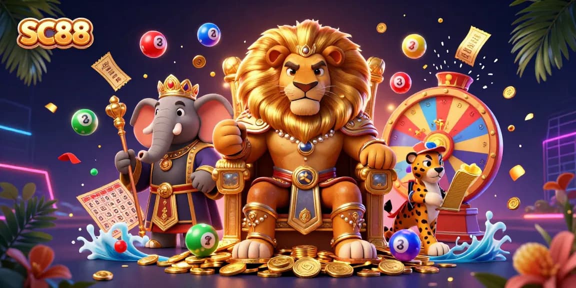 Engage with SC88's vibrant gaming world featuring a lion king and colorful lottery elements.