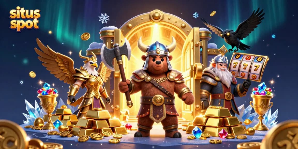 Gambarkan situs slot dengan beruang Viking dan elang Valkyrie di tengah tumpukan emas dan perhiasan