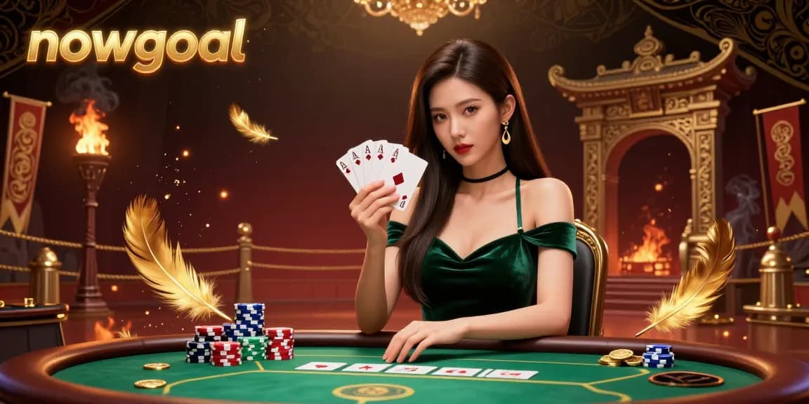 Engaging nowgoal poker scene with a strategic Asian woman and dynamic casino elements.