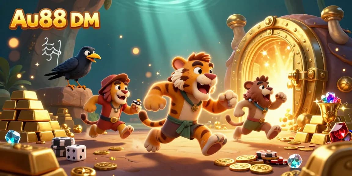 Win big with Au88 DM at the vibrant cartoon casino filled with gold and jewels!