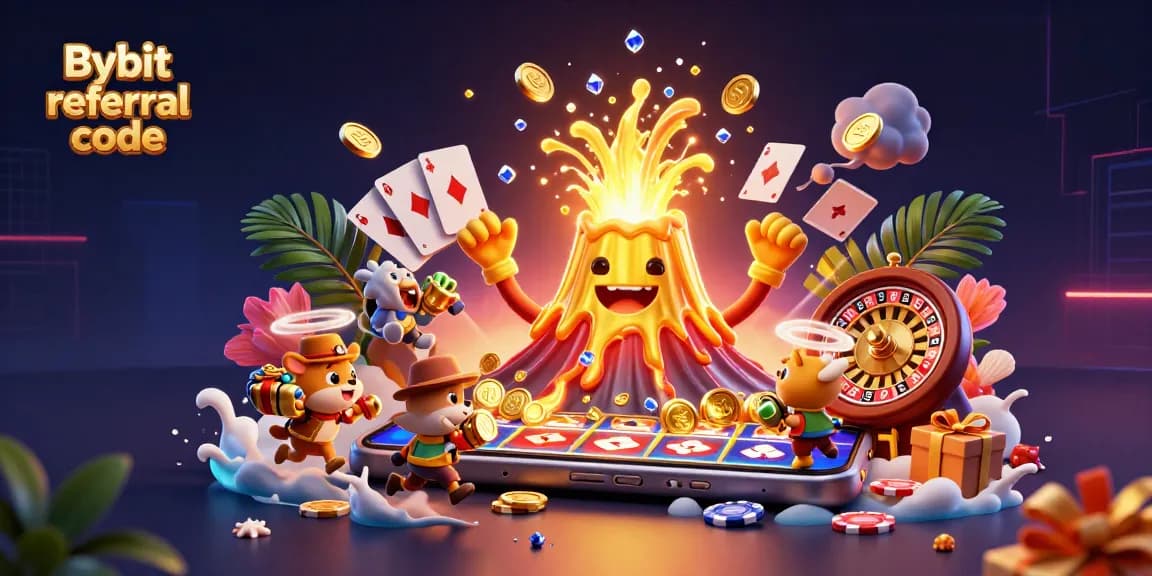 Engage with the Bybit referral code in a vibrant casino scene with a golden volcano, coins, and dynamic gaming elements.