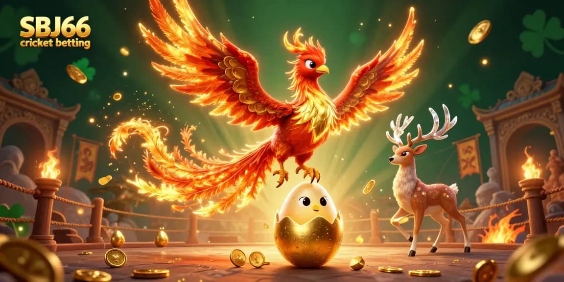 Engage in SBJ66 cricket betting with a vibrant, dynamic scene showcasing a phoenix and mystical stag.