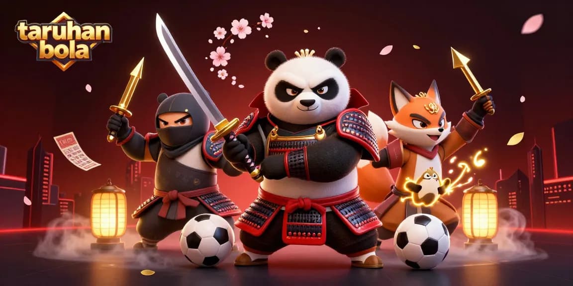 Engage in taruhan bola with a dynamic scene featuring samurai panda and ninja fox in a vibrant illustration.