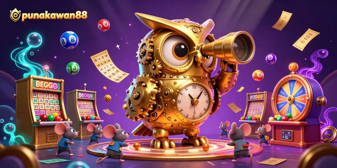 Punakawan88's colorful illustration showcases an enchanting casino scene with a golden owl and vibrant lottery elements.
