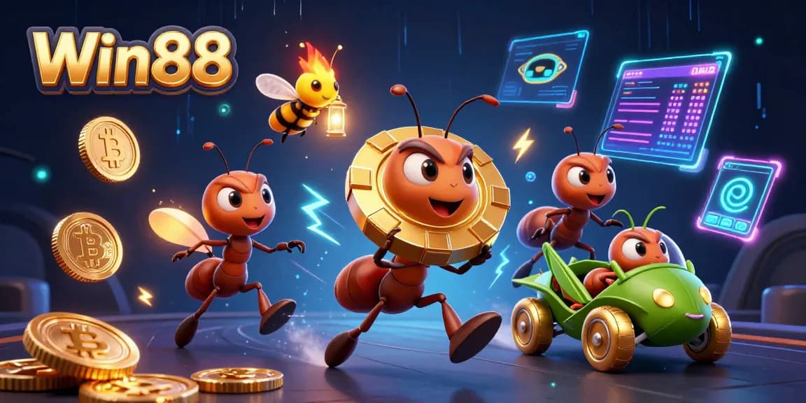 Win88 showcases a robbery adventure with ants, crypto coins, and vibrant casino elements.