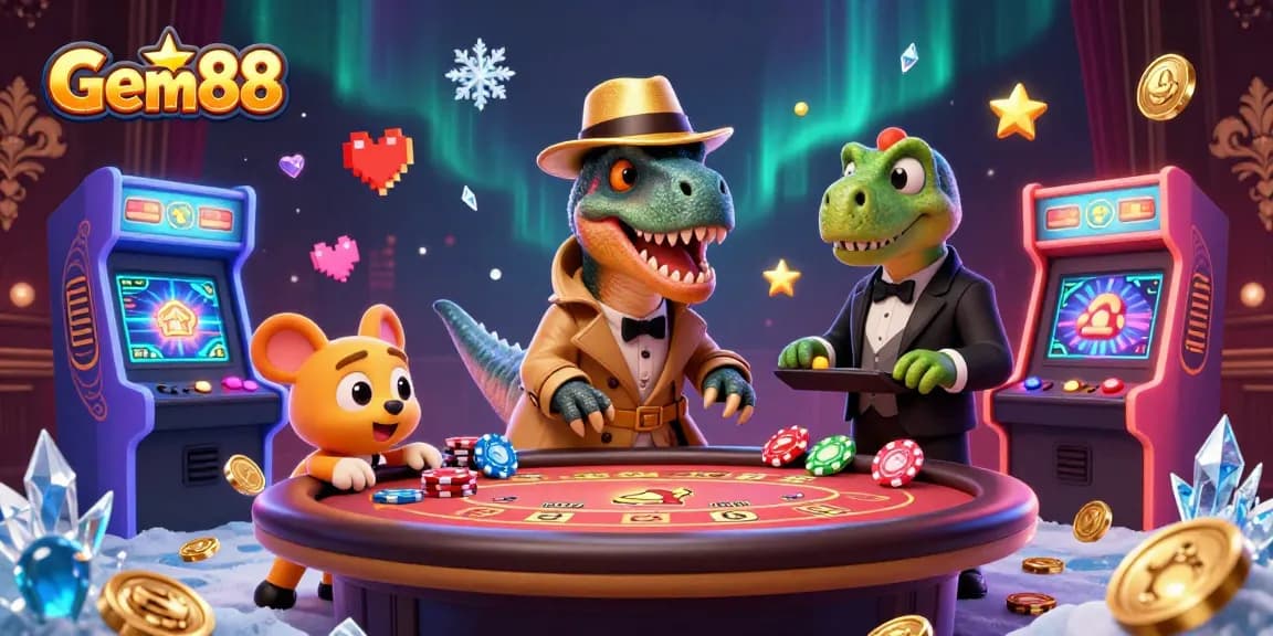 Gem88 showcases a cartoon velociraptor card counter at a blackjack table, engaging in vibrant casino excitement.