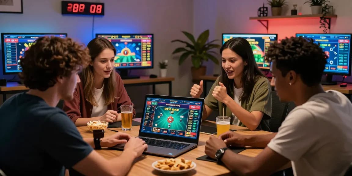 Engaged group enjoying Grandbetting online gaming experience in cozy setting.