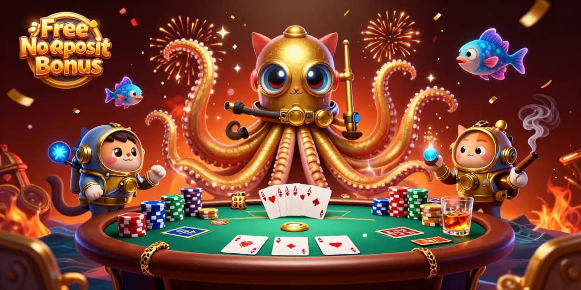 Claim your Free No Deposit Bonus with exciting cartoon visuals of casino elements and characters.