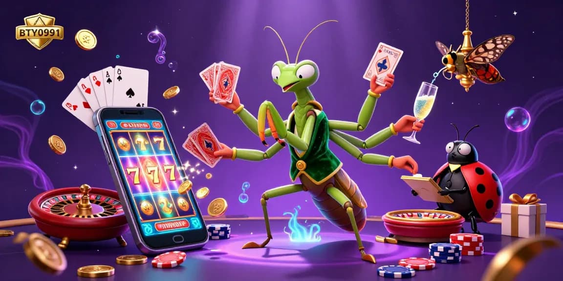 Engage in vibrant casino action with BTY0991's lively mantis card sharp and ladybug pit boss.