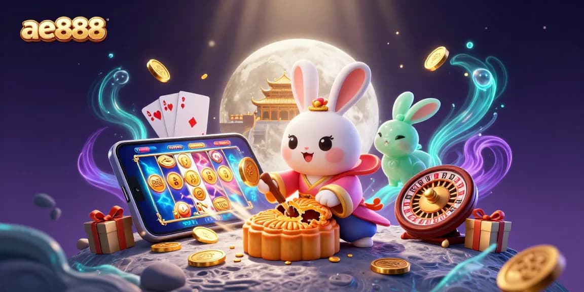 A dynamic AE888 casino scene featuring moon rabbits and colorful slot games.