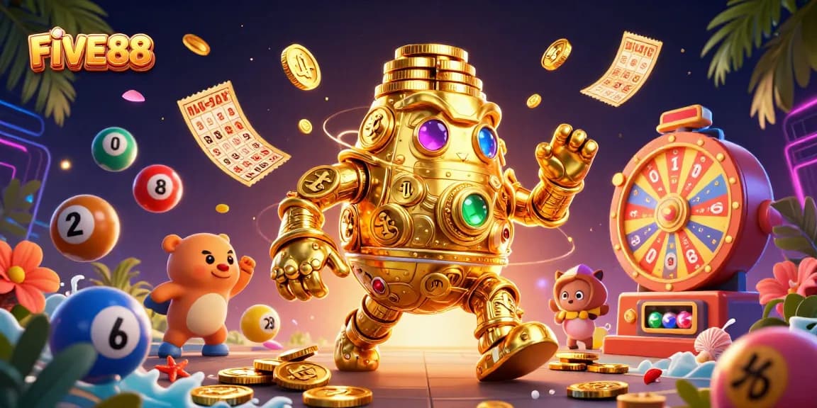 Experience the excitement of FIVE88 with a vibrant casino-themed illustration featuring golden golem and dynamic game elements.