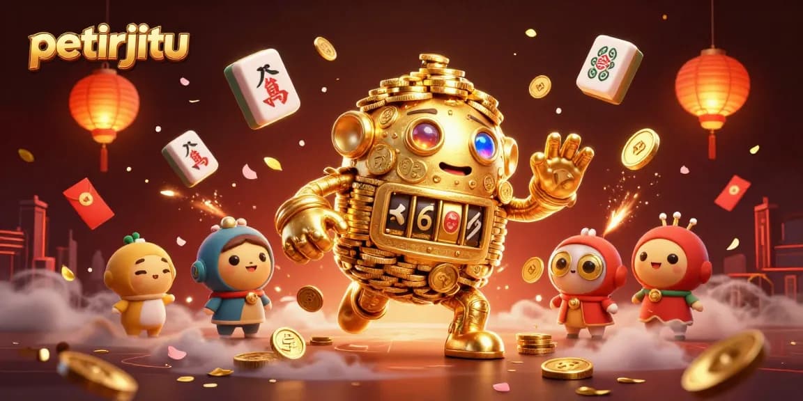 Menangkan permainan di petirjitu dengan keberuntungan dari golem emas dan simbol mesin slot yang bersinar.