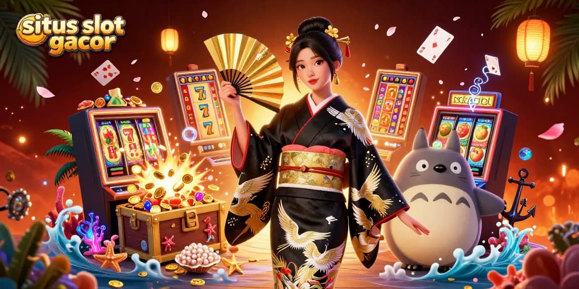 Experience situs slot gacor thrills with a traditional Japanese character and dynamic casino elements in a vibrant illustration.