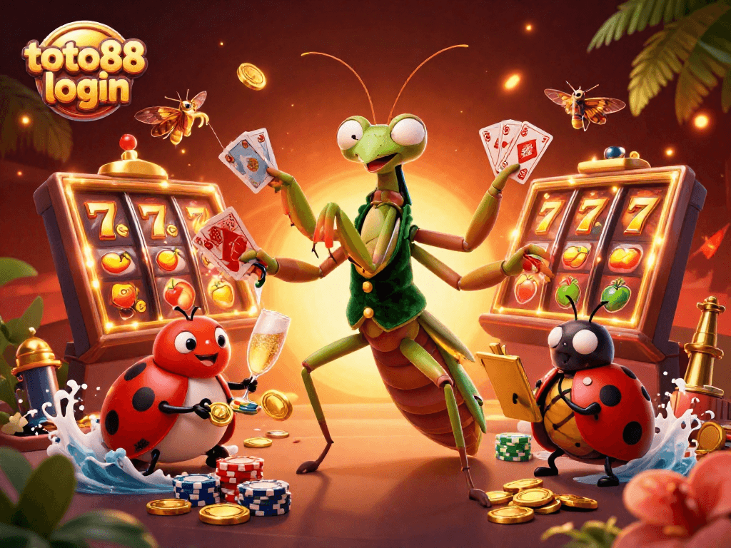 Engage with toto88 login for a vibrant casino experience featuring a playful mantis and colorful slot reels.