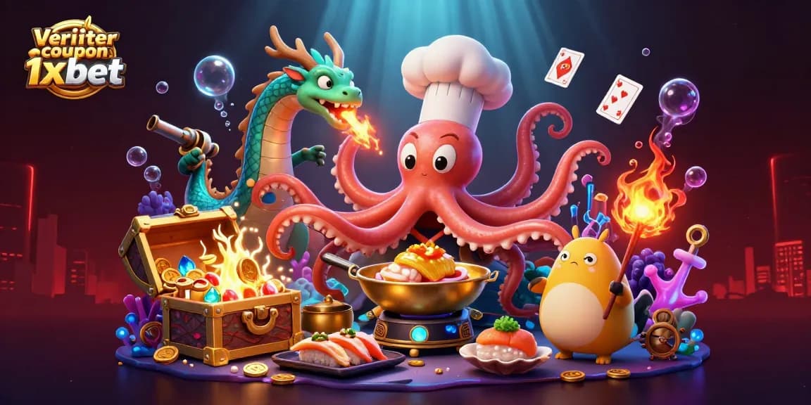 Vérifier coupon 1xbet avec un octopus chef et dragon dans un décor de casino aquatique