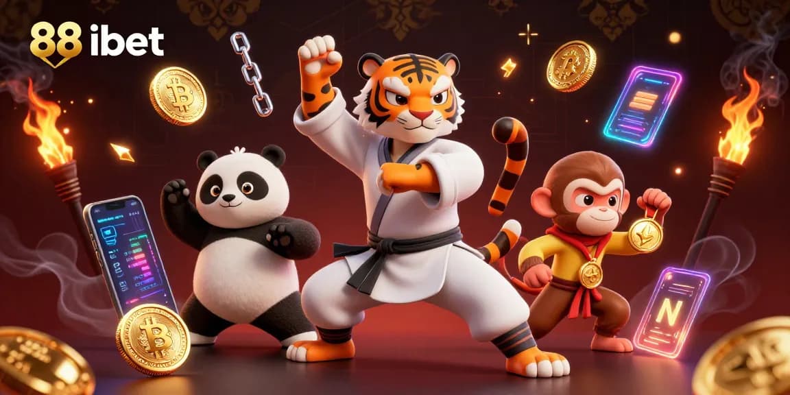 Engage with thrilling gaming at 88 ibet, showcasing a kung fu tiger master amidst crypto elements and vibrant casino scenes.