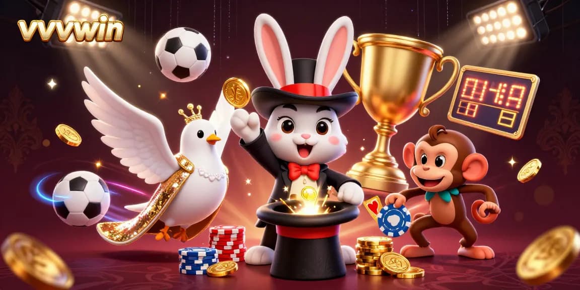 Winning big at vvvwin with a cartoon magician pulling golden coins amidst sports elements and vibrant energy.