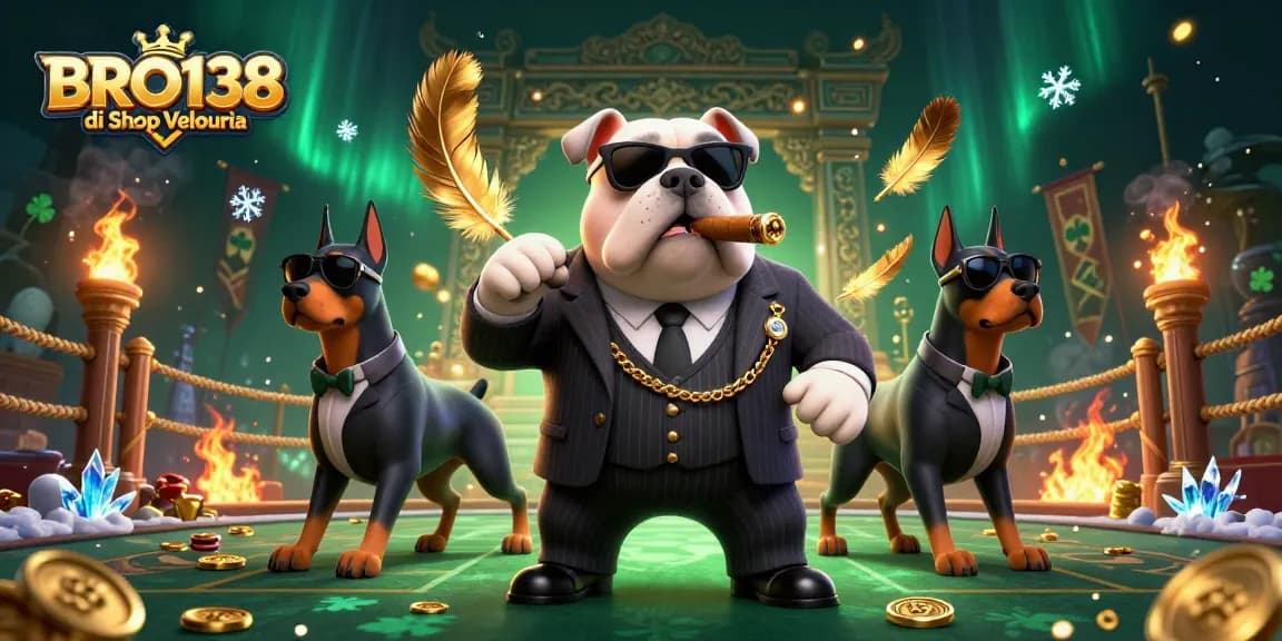 BRO138 di Shop Velouria showcases the dynamic world of online slot games with its engaging characters and vibrant casino elements.