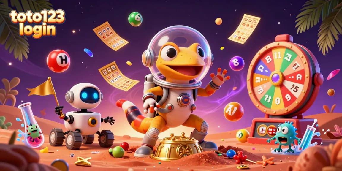 Experience the excitement of toto123 login with a vibrant scene of a Martian gecko at a golden casino, showcasing dynamic lottery elements.