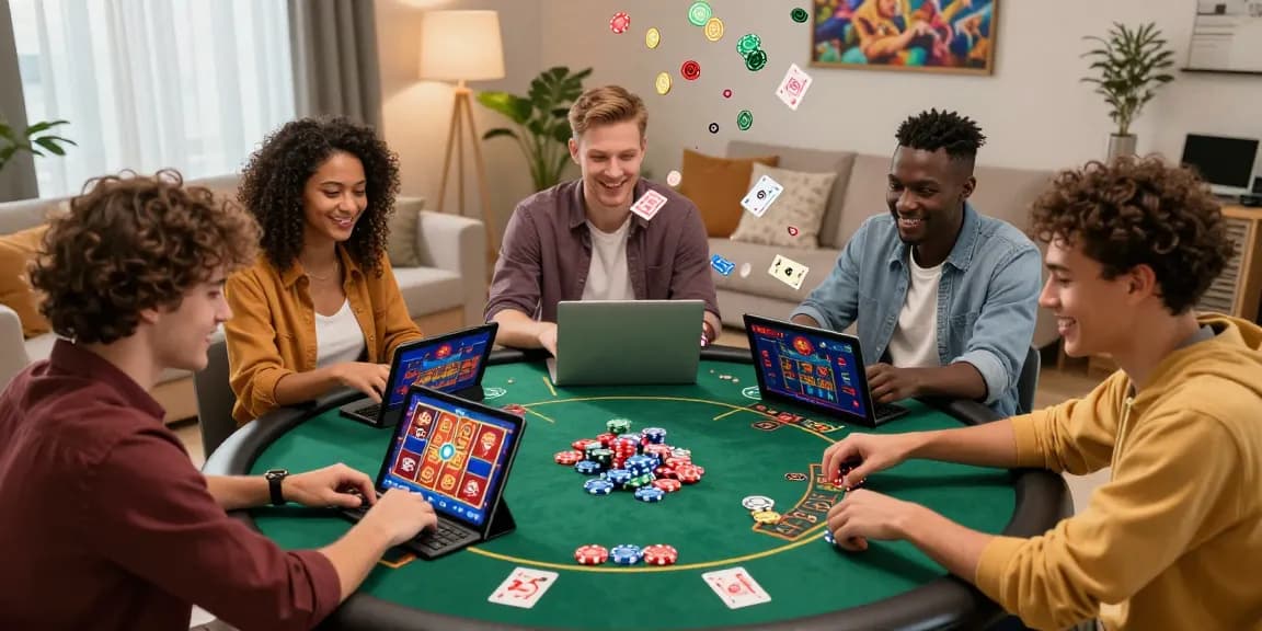 Friends enjoying a Free No Deposit Bonus in a lively online casino setting, celebrating wins with virtual games and festive decorations.