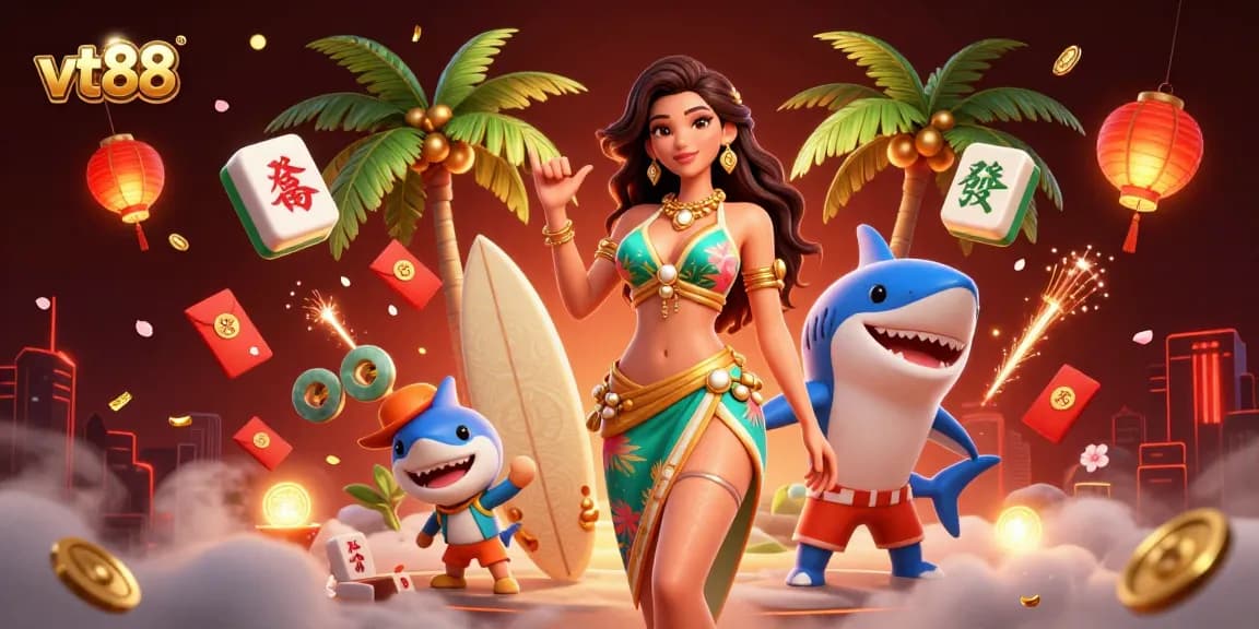 Win exciting rewards with vt88 in a vibrant 3D casino illustration featuring games and characters.
