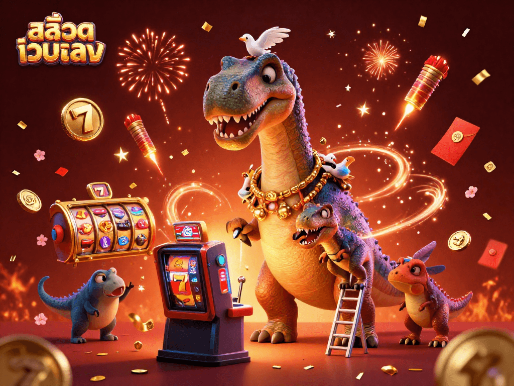 Engage with สล็อตเว็บตรง as a brontosaurus interacts with a thrilling slot machine in a lively casino.