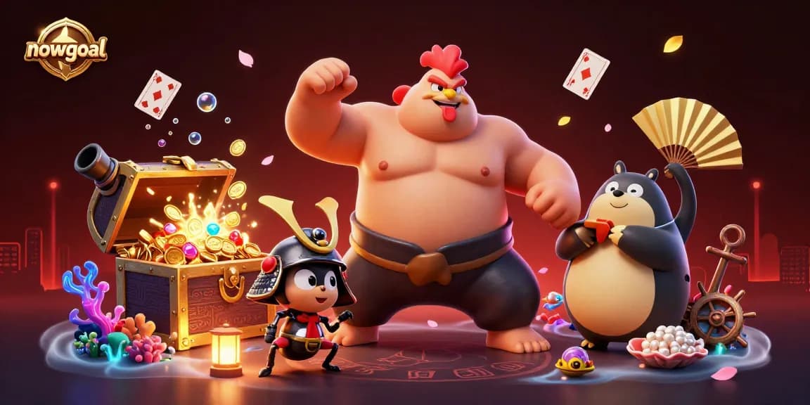 Watch Nowgoal's live scores and events unfold in this vibrant 3D illustration featuring casino elements and energetic characters.
