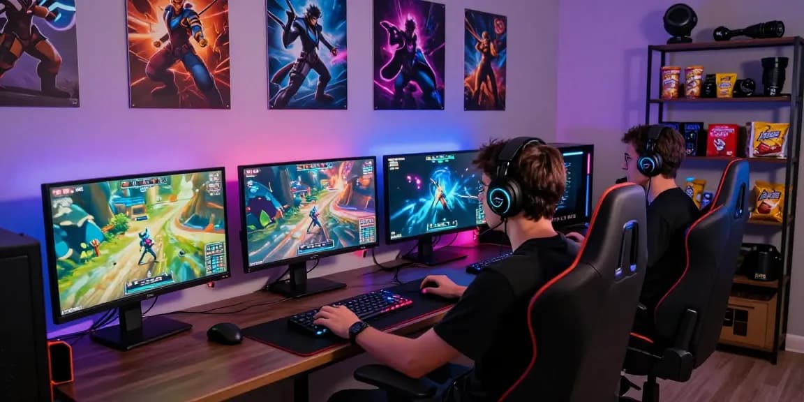 Engaged gamer enjoying modded games in a colorful gaming lounge with dynamic lighting and gear.