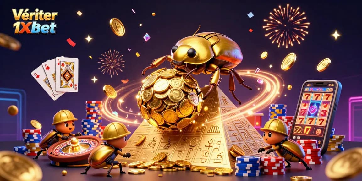 Vérifier coupon 1xbet avec une illustration 3D animée représentant un coléoptère doré entouré de pièces en or et de jetons de casino.