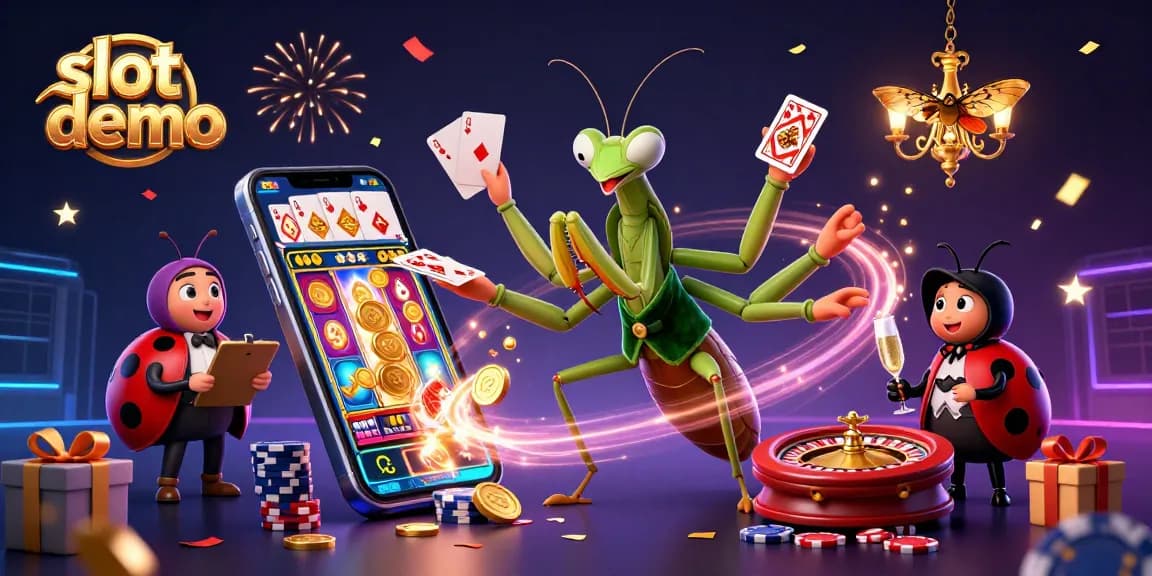 Engage with exciting slot demo action featuring a winning praying mantis casino dealer and ladybug pit boss!