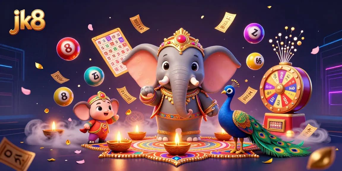 Engage in thrilling jk8 gaming with vibrant 3D elements including an elephant and colorful lottery balls.