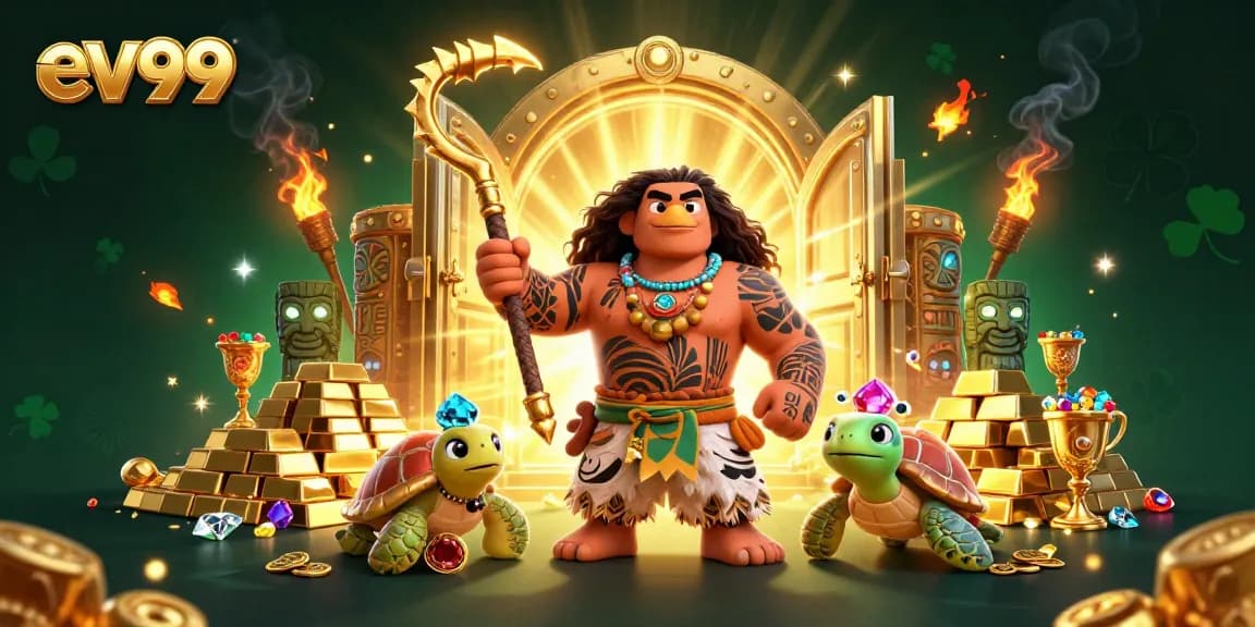 Experience vibrant gaming excitement with ev99's stunning 3D casino adventure illustration featuring vivid characters and treasure.