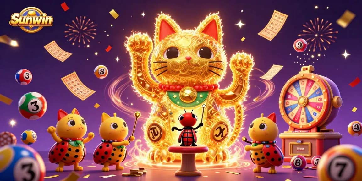 Engage in thrilling gameplay at Sunwin with dynamic lottery balls and a lucky cat symbolizing the excitement of casino gaming.