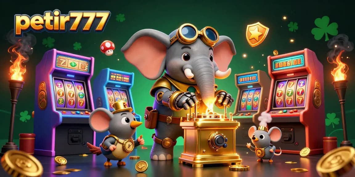 Experience the excitement of petir777 with a steampunk elephant operating a golden slot machine.