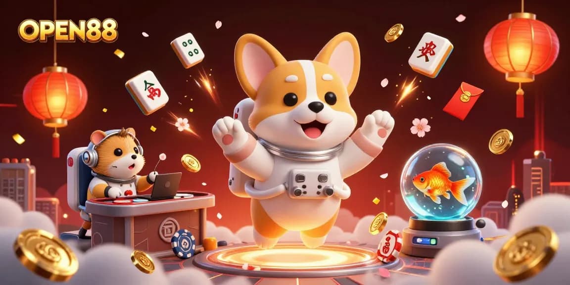 Engage with OPEN88's vibrant casino atmosphere featuring a playful astronaut corgi and animated gaming elements.