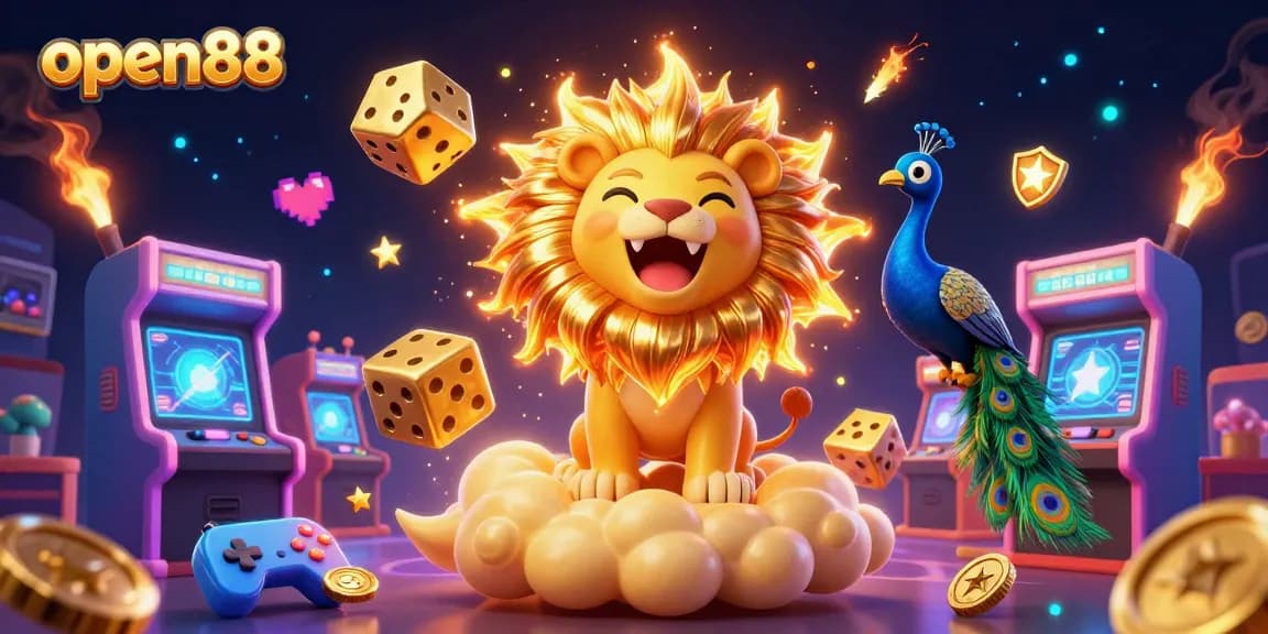 Experience excitement at open88 with a roaring sun lion and vibrant casino game elements.
