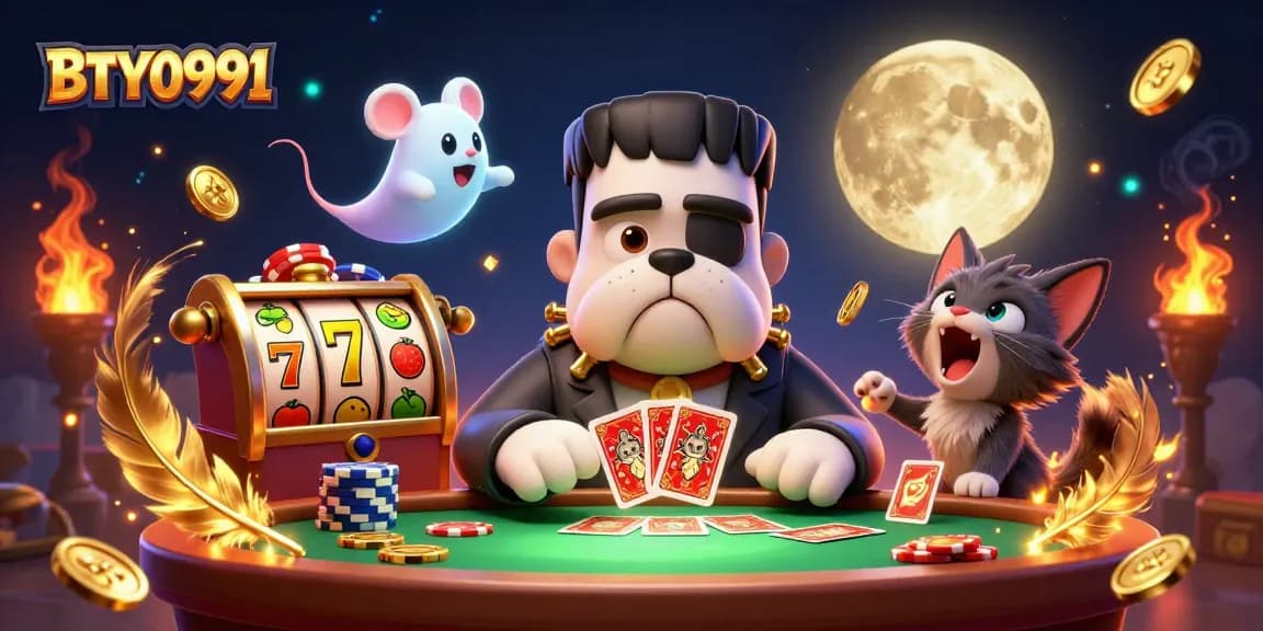 BTY0991 showcases a lively scene with a Frankenstein bulldog card dealer and gold elements.