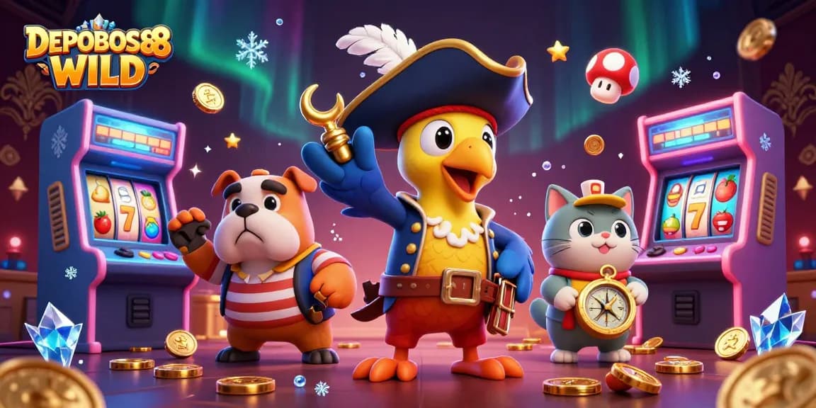 Experience the thrill of DEPOBOS88 WILD in a vibrant 3D casino scene with engaging characters.