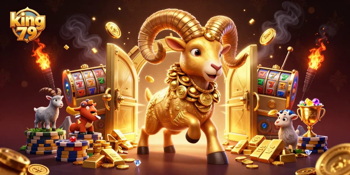 Experience thrilling wins at king 79, featuring a golden ram charging through a glamorous casino landscape.