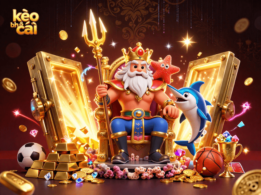 Engage with kèo nhà cái by winning at sports betting in a vibrant casino-themed illustration.