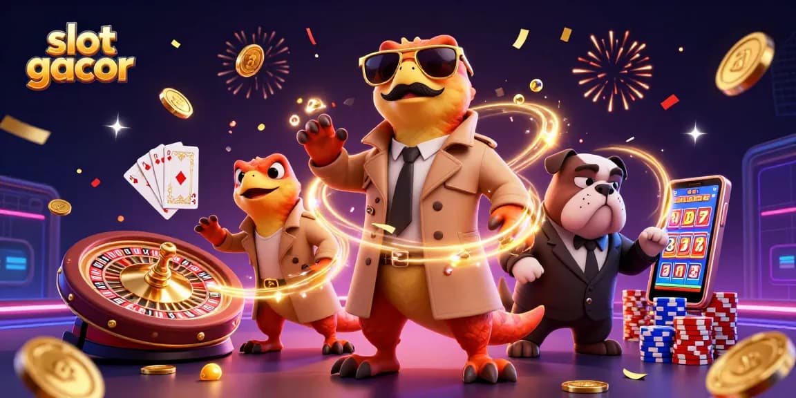 Engage with slot gacor action featuring raptors and a bulldog in a vibrant casino scene.