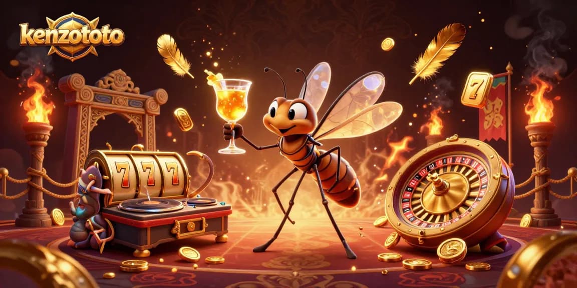 Experience the excitement of kenzototo with a vibrant 3D casino scene showcasing slot reels and golden elements.